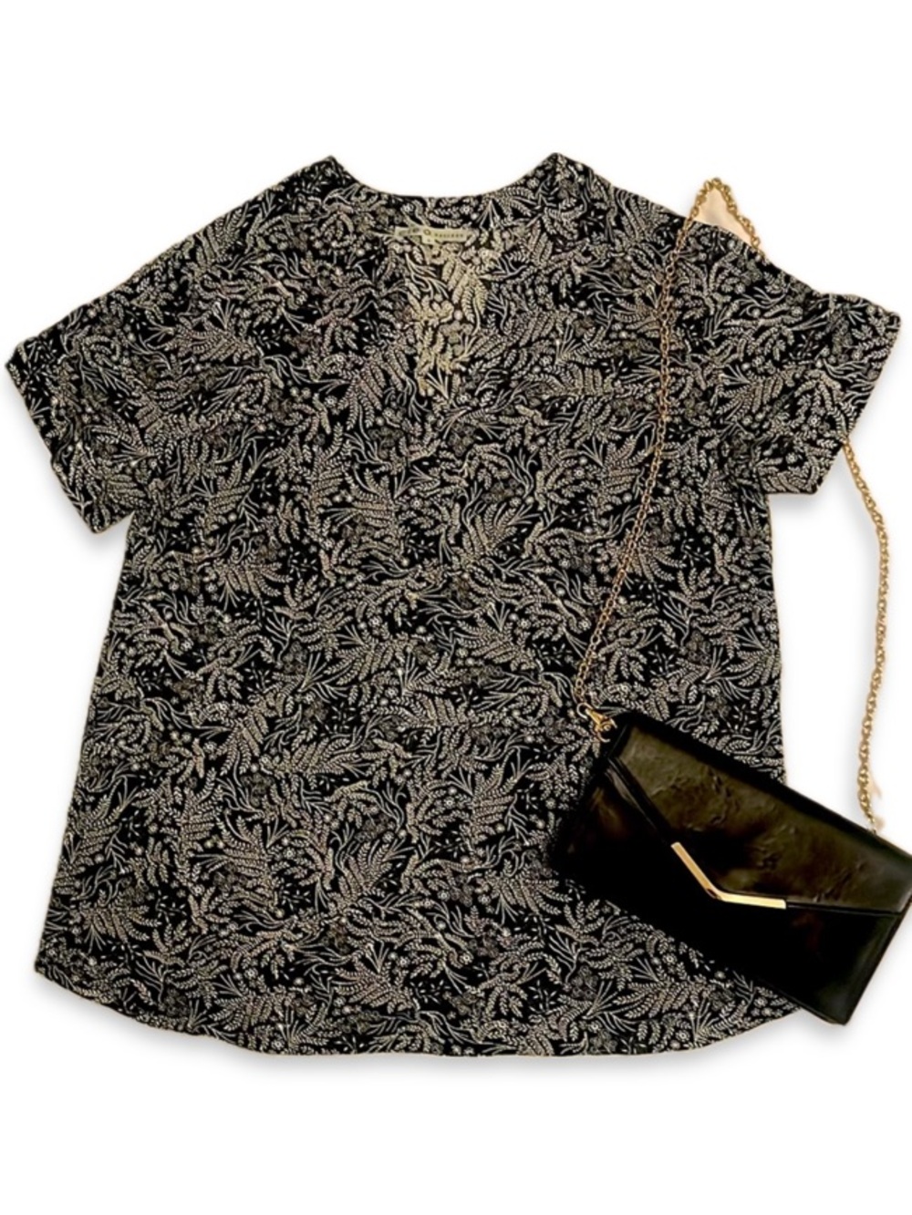 Cleo Petites Black White Floral V Neck Cuffed Top Blouse L
